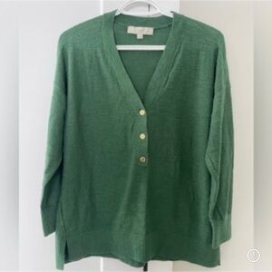 LOFT Forest Green V-Neck Button Pullover